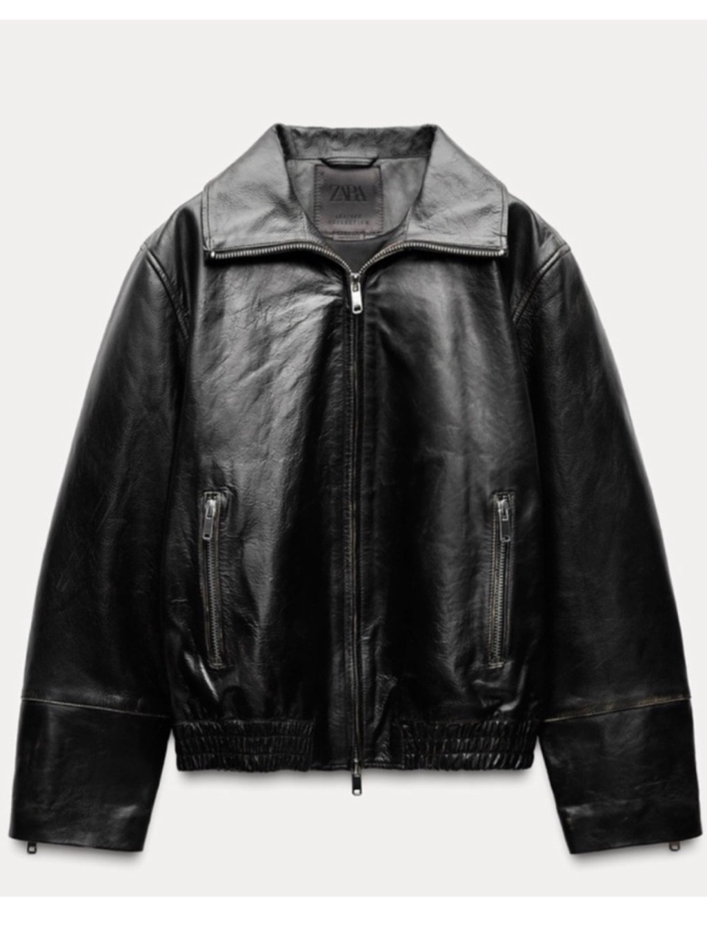 Zara Black Leather Bomber Jacket With Zipper Pockets Genuine Leather